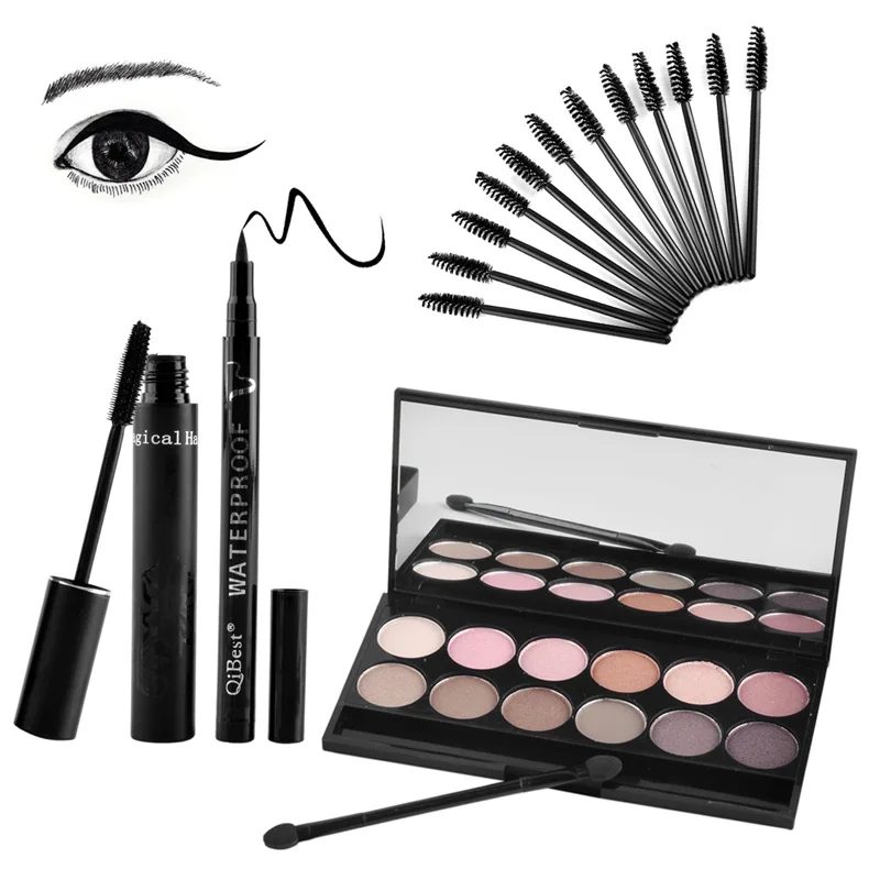 Qibest Eyes Makeup Set Mascara + Eyeliner + Eyeshadow + Eyelash Makeup Brush Magical Halo