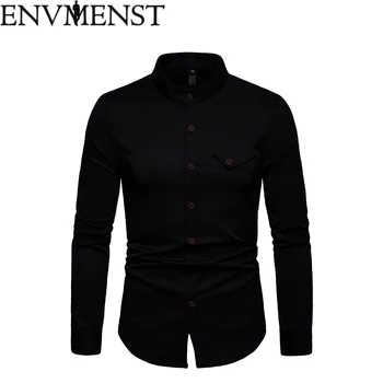 

Envmenst 2019 New Men Shirts Business Long Sleeve Stand Collar Cotton Male Shirt Slim Fit Popular Designs Solid Color