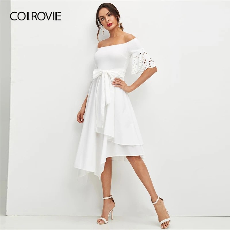 

COLROVIE White Off the Shoulder Laser Cut Sleeve Hanky Bardot Elegant Dress Women Summer A Line Vestidos Office Lady Dresses