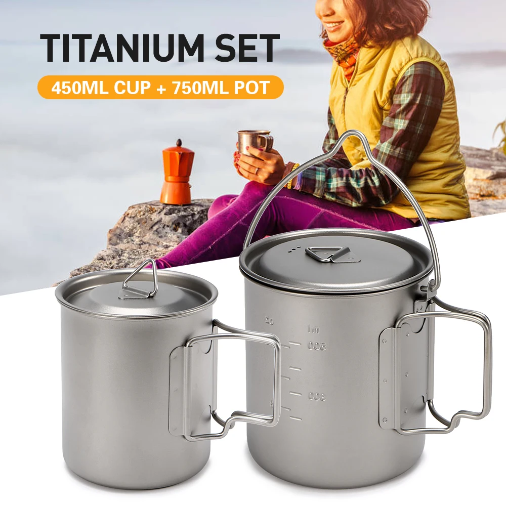 

450/750ml Lightweight Water Cup Titanium Pot Titanium Water Mug Cup Hanging Pot Set Foldable Handle Camping Cookware Cooking Pot