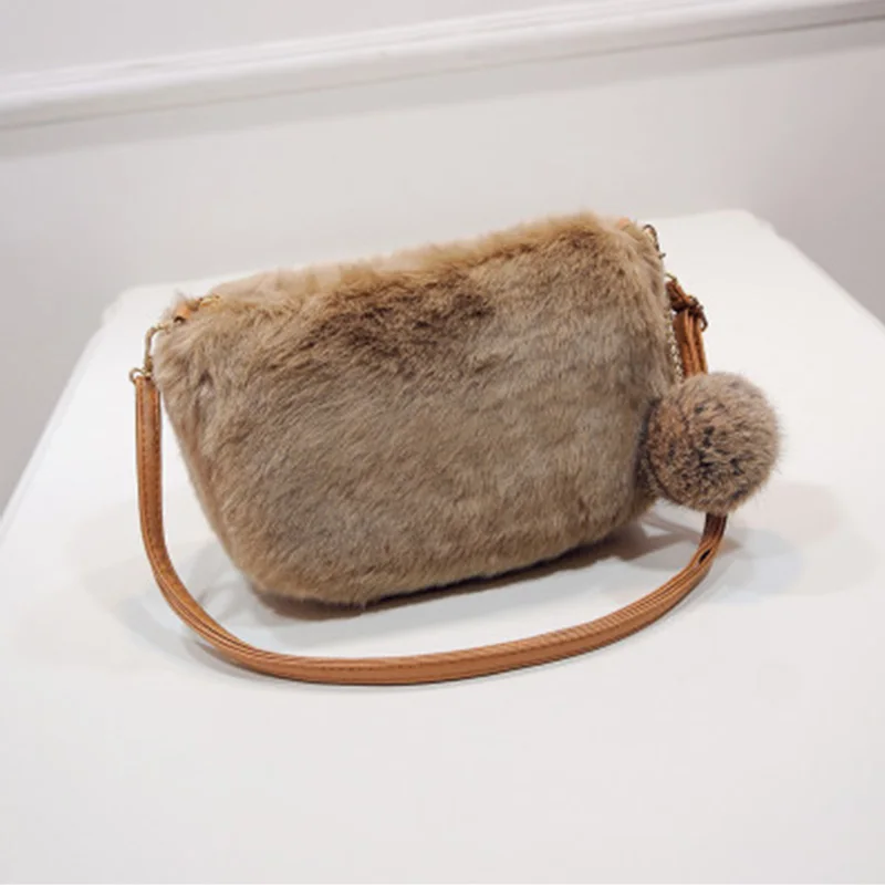 Fashion Winter Women Bags Fur Crossbody Bags Ladies Small Rabbit Fur Shoulder Bags Leather Strap