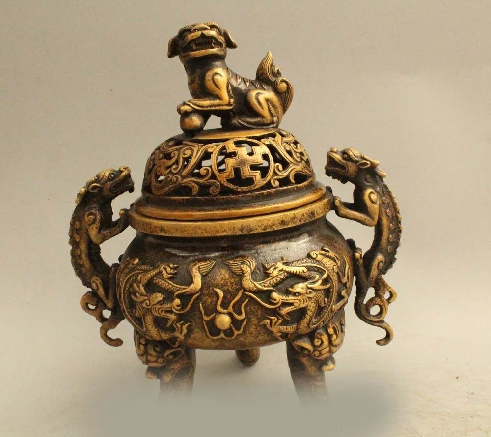 

DS 10"Chinese Dynasty Bronze Lion Dragon Beast Incense Burner Censer Statue
