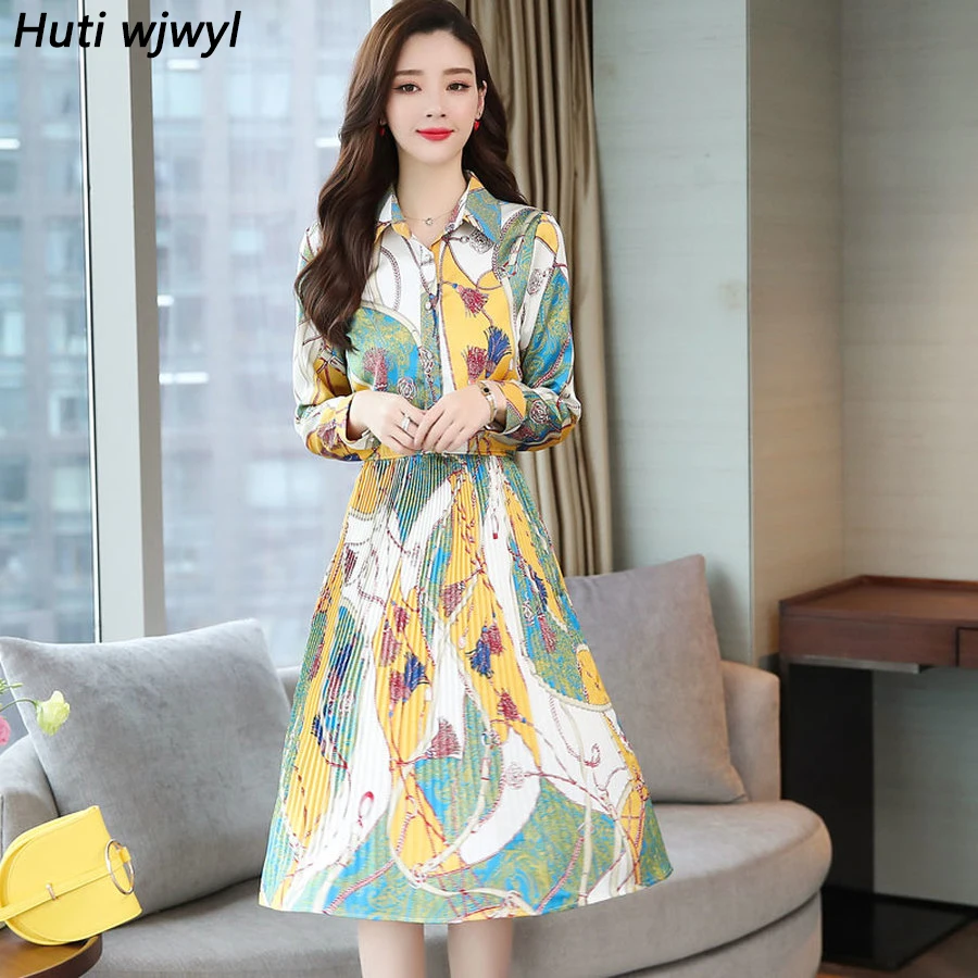 Billig 2019 Vintage Print Langarm Midi Hemd Kleider Herbst Winter 3XL Plus Größe Chiffon Kleid Elegante Frauen Bodycon Partei Vestidos