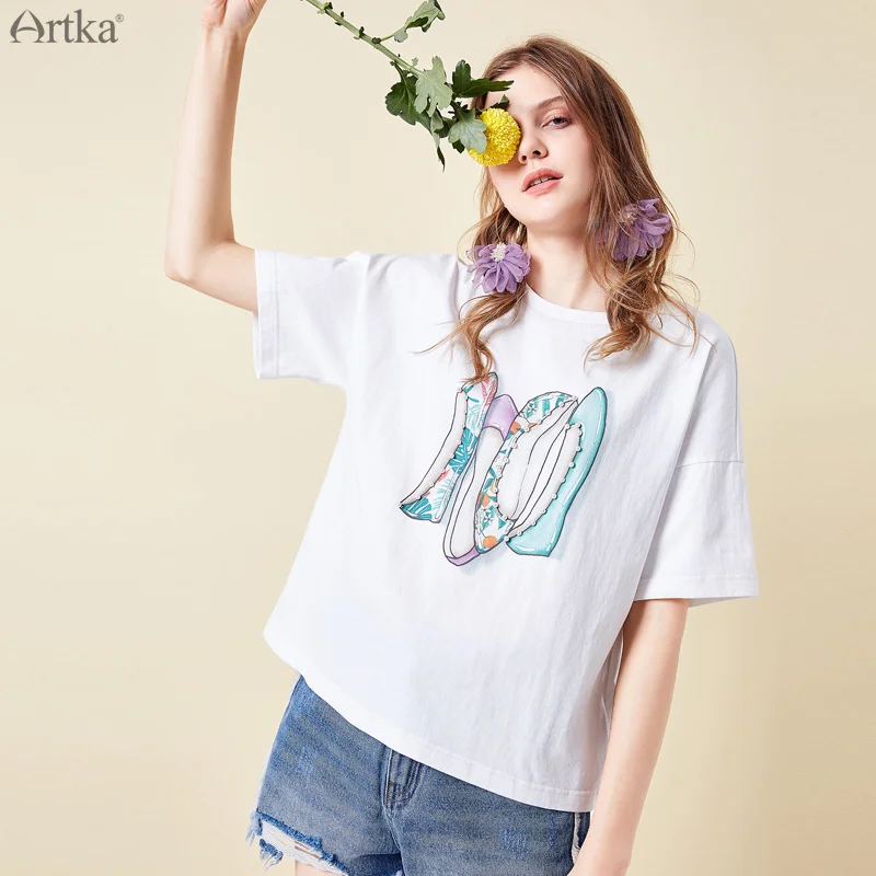 Женская футболка ARTKA Повседневная Свободная из 100% хлопка с коротким рукавом и