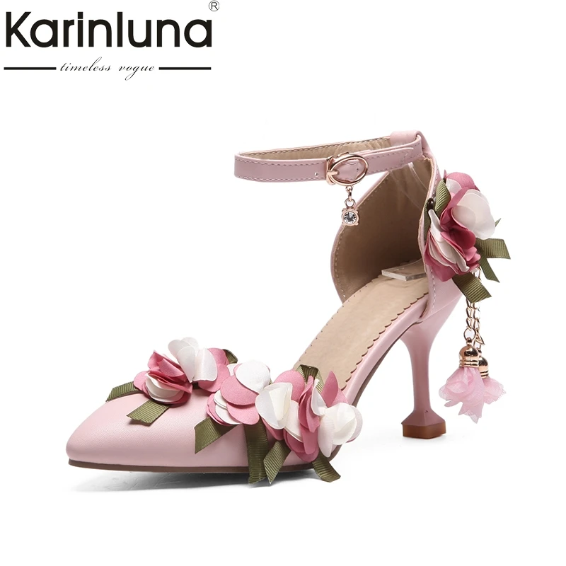 

KarinLuna 2018 Summer Big Size 33-46 Sweet Flowers Princess Sandals High Heels Party Prom Wedding Shoes Woman