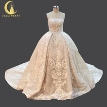 JIALINZEYI Sexy Luxurious Strapless Nude Fashion Lace Ball gown Court Train elie saab Bridal Wedding Dresses Wedding Gown 2018