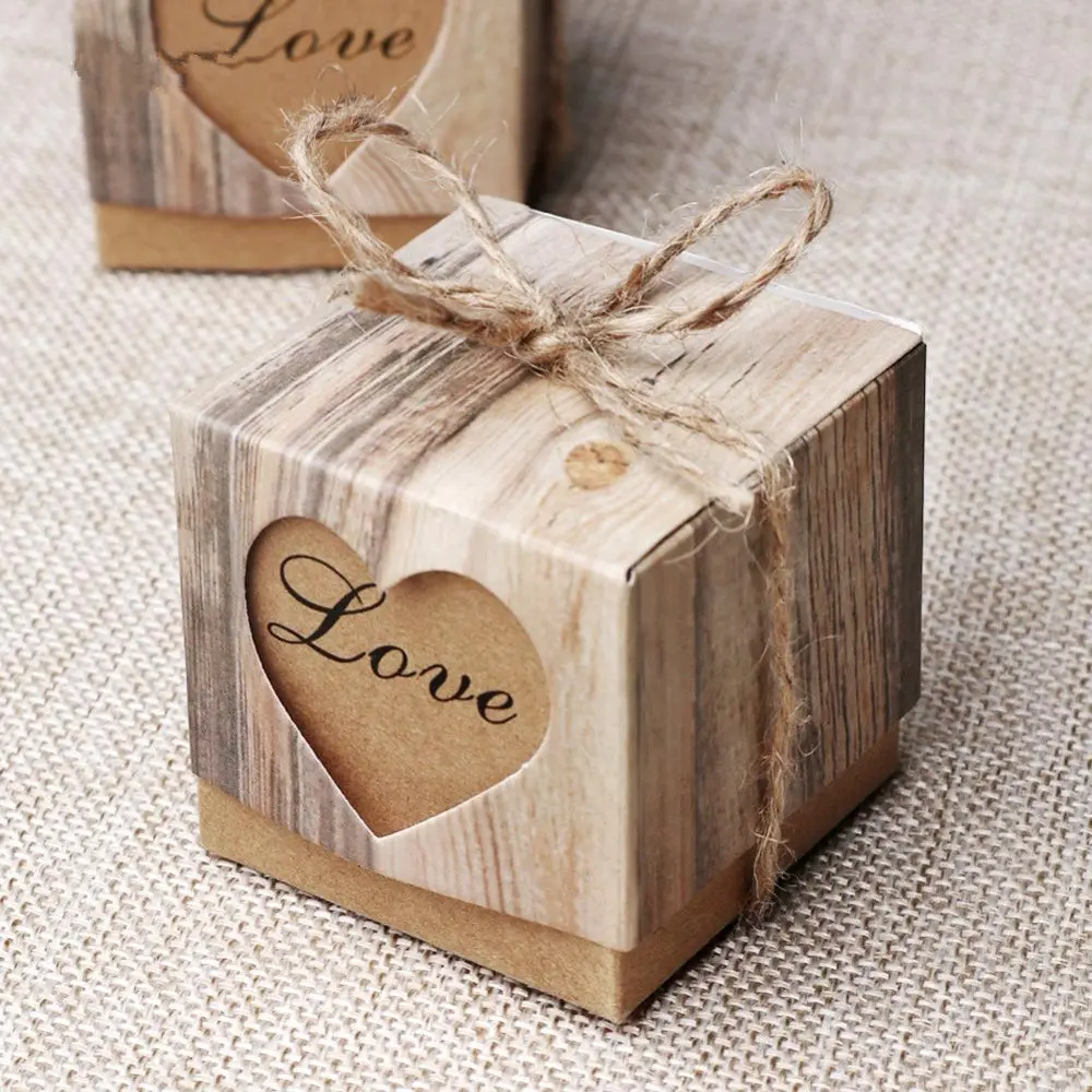 50 шт./лот коробка для конфет любовь в форме сердца крафтовый Подарочный пакет с канат джутовый на День святого Валентина шикарный свадебный подарок коробка поставки