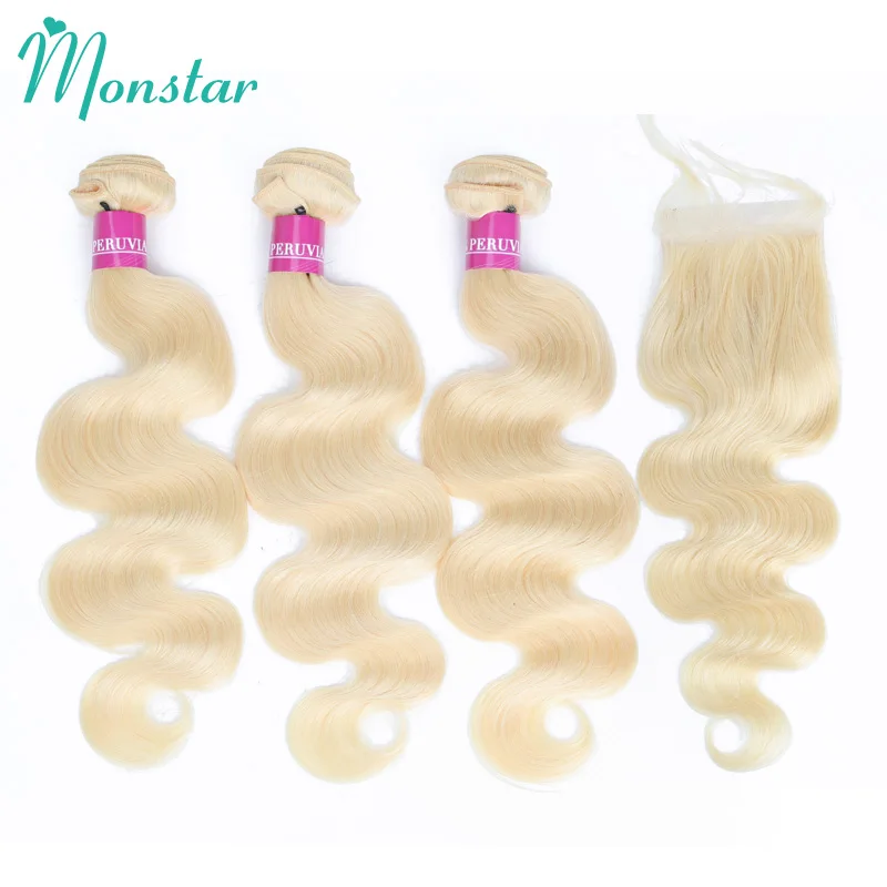 

Monstar 28 30 32 34 36 inch 613 European Russian Blonde Body Wave 3 4 Human Hair Weave Wavy Bundles with Closure Hair Extension