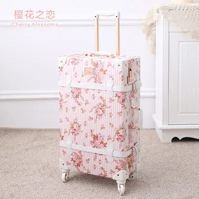 Популярный Ретро ручной работы набор багаж с косметическим чехлом для девочек милый Дорожный чемодан на колесиках женский модный чемоданчик для косметики - Цвет: Cherry blossoms