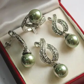 

Hot sell free shipping ~~ Hot! noble new jewelry silver plated + 12mm green pearl pendant, earring, , ring set