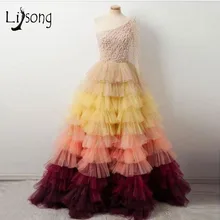 Abiye Красочные Тюль Выпускные платья роскошный жемчуг пышные Длинные бальные Платья вечерние Один Shouler vestido de festa Longo
