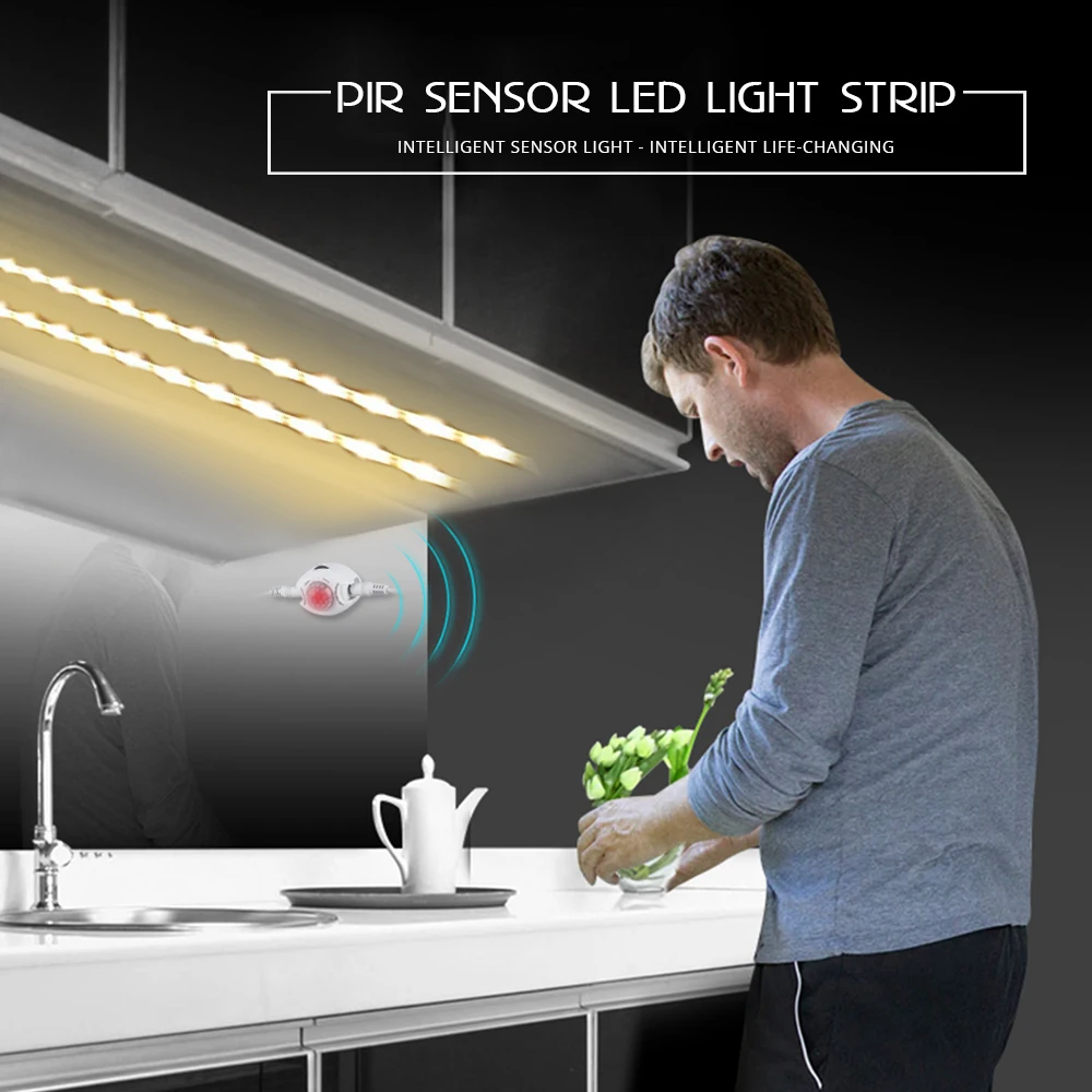 1M 5M LED Under Cabinet Lights PIR Motion Sensor 2835 DC 12V LED Strip Under Bed Lamp For Bedroom Stairs Kitchen Wardrobe