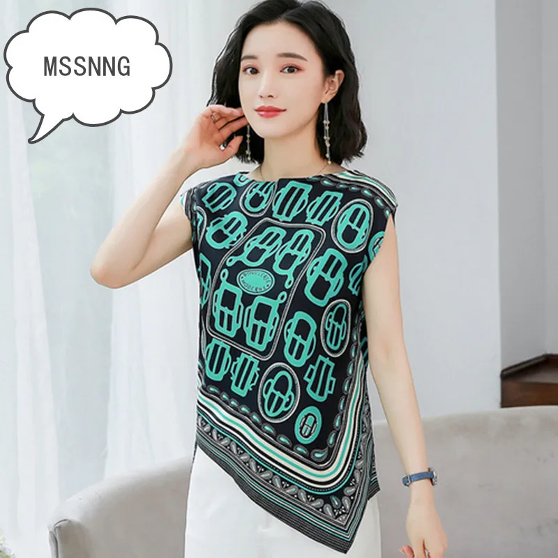 

MSSNNG 2019 Summer New Korean Version Of The Large Size Printed Chiffon Shirt Irregular Hem Fashion Wild Shirt Two Colors S-3XL