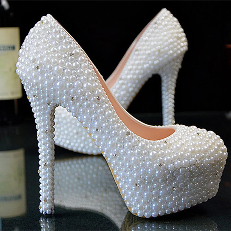 

Fashion Imitation Pearl white and Ivory Wedding Dress Shoes Custom Made Size High Heel Bridal Shoes Party Prom Women Shoes
