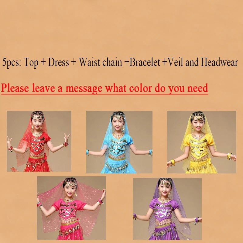 5 цветов, костюмы для танца живота, Детские Костюмы Болливуда для индийского представления, танцевальная одежда, детские костюмы для восточных танцев, комплект одежды для девочек