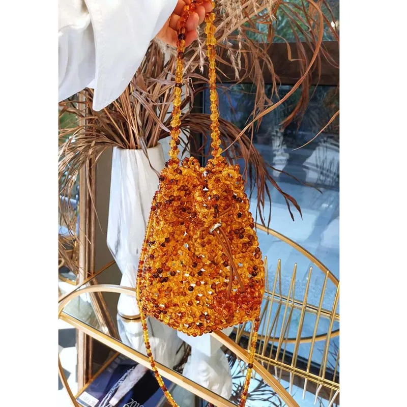 

Acrylic Crystal Beaded Bucket Handmade Women Handbag Beads Designer Luxury Shoulder Bags Charm Evening Lady Bags Pearls Purses