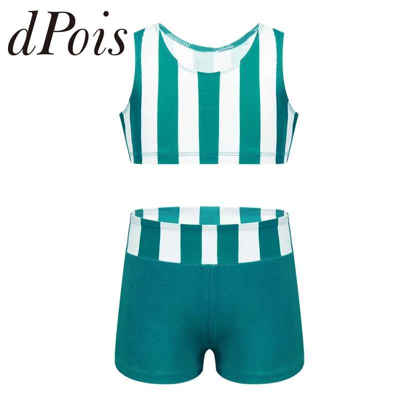 

2PCS Kids Girls Athletic Outfit Striped Sleeveless Tanks Crop Top with Bottoms Set for Ballet Dance Gym Workout Summer Swimsuit