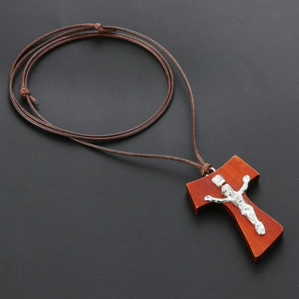 

Religious Jesus Crucifix Rope Chains Necklaces for Women Men Vintage Wood Tau Cross INRI Pendant Necklaces Jewelry bijoux NC157