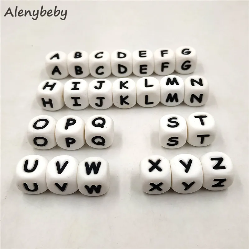 12 мм Силиконовые буквы бусины Детские зубные кольца для персонализированного имени DIY грызунов Жевательные бусы с алфавитом Силиконовые Прорезыватели для зубов браслет