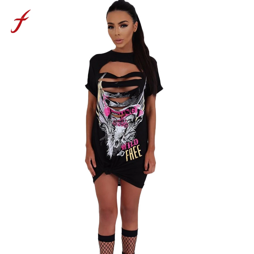 

Feitong Fashion Punk Rock Style Women Dress Summer Sexy Hollow Hole Short Sleeve Club Tops T Shirt Mini Dress vestidos femininos