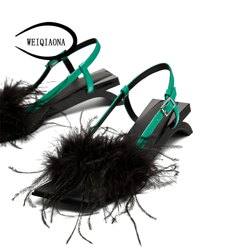 

WEIQIAONA summer new fashion feahter synthetic fur women sandals strange style med heel fringe Gladiator Sandals Party shoes