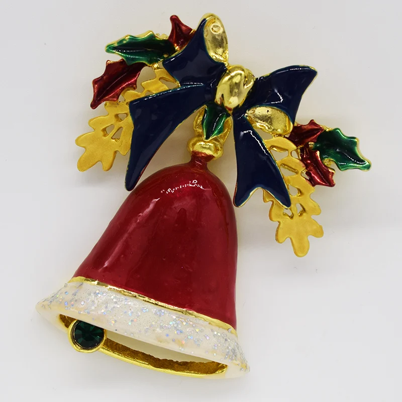 12pcs/lot Wholesale Rhinestone Enamel Christmas Bell Pin brooches