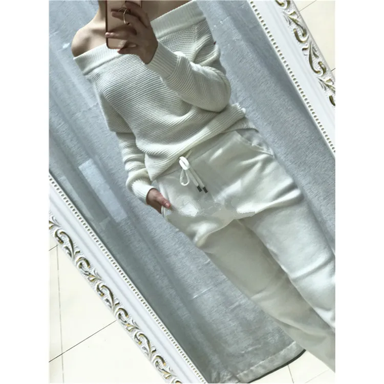 

2018 spring new cashmere suit sweater set a word mink velvet wool knitted sweater and trousers two sets of women