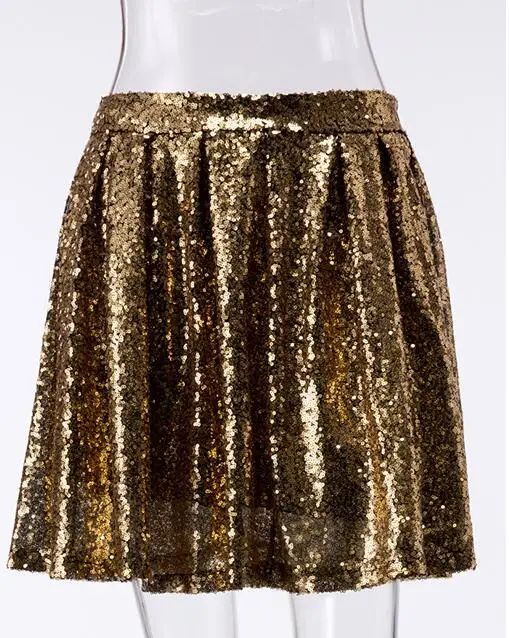 

Summer Fashion Women Mini Gold Sequins Skirt High Waist Sparkling Pleated Shiny Skirts Party Club A-line Short Skirt Gold