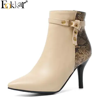 

Eokkar 2020 Women Pointed Toe Mixed Color Thin High Heel All Match Pu Leather Winter Boots Zipper Sexy Ladies Boots Size 34-43