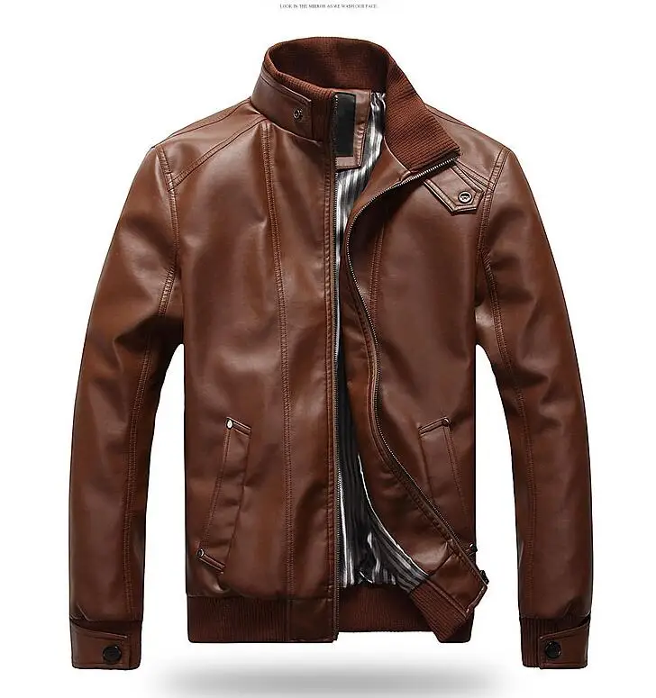 

2018 Spring New Fashion Male Leather Jacket Plus Size 4XL Black Brown Mens Mandarin Collar Biker Jackets