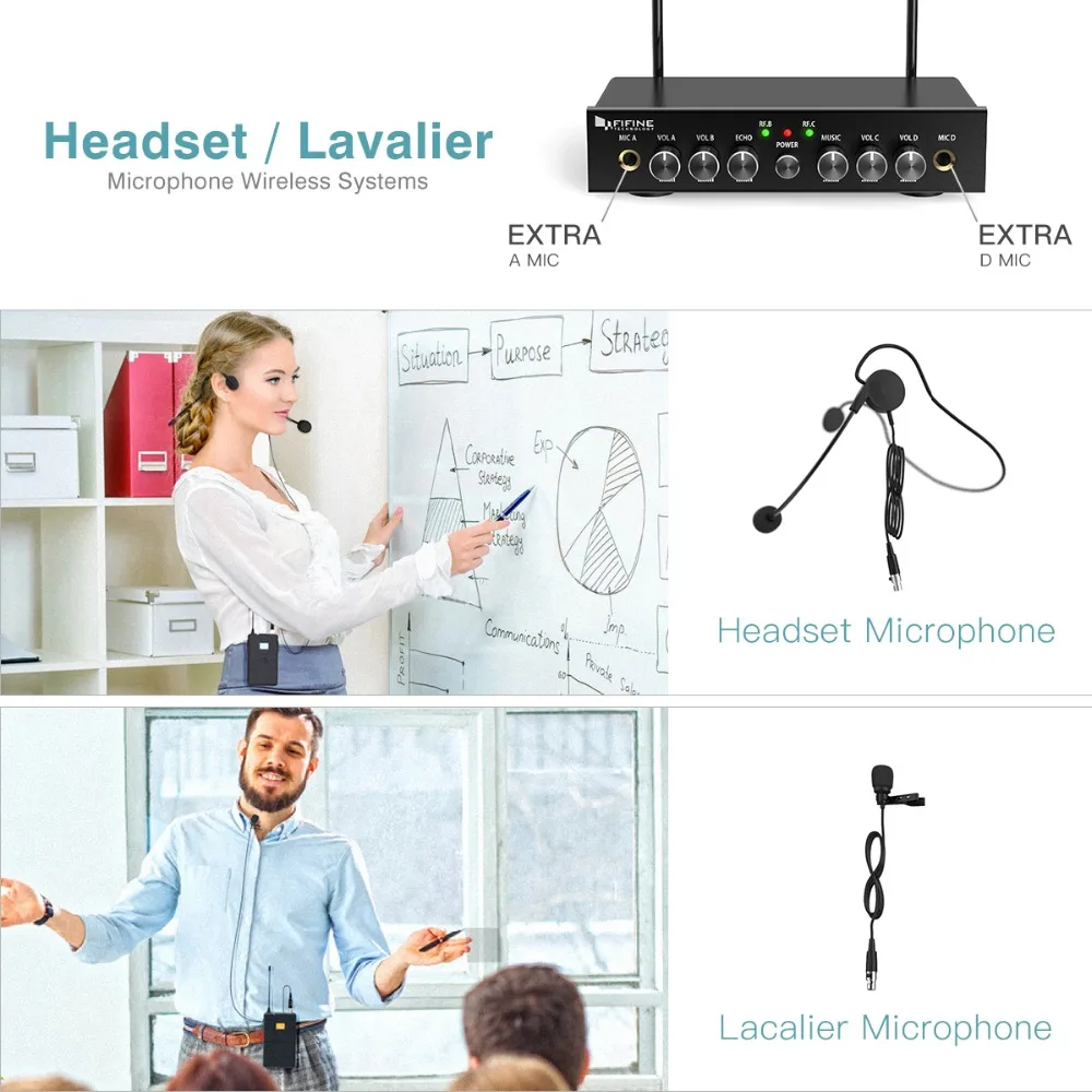 FIFINE UHF Беспроводная микрофонная система с 2 гарнитурами и 2 нагрудными петельными микрофоном, свободные руки для обучения речи K038