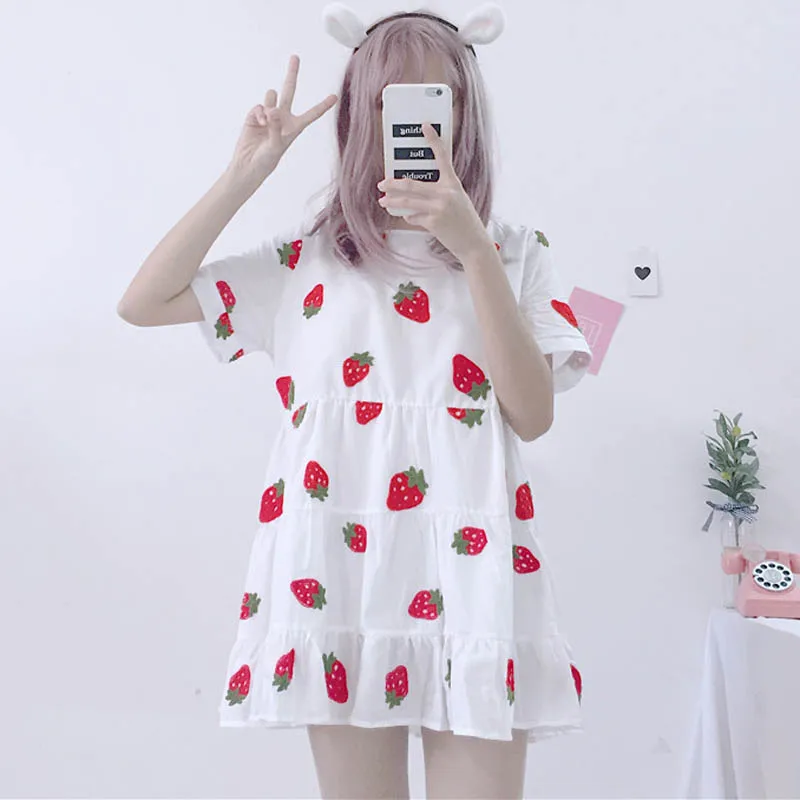 

2018 New Women Japan Style Dresses Sweet Girl Strawberry Printed Dress Harajuku Cute Dress Female #6281