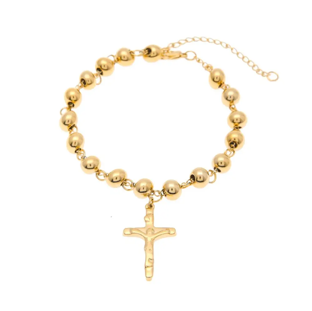 Нержавеющая сталь браслет с розами Одежда высшего качества Для женщин браслет из бисера с подвеска в виде креста с Иисусом религиозный католический браслет - Окраска металла: gold plated