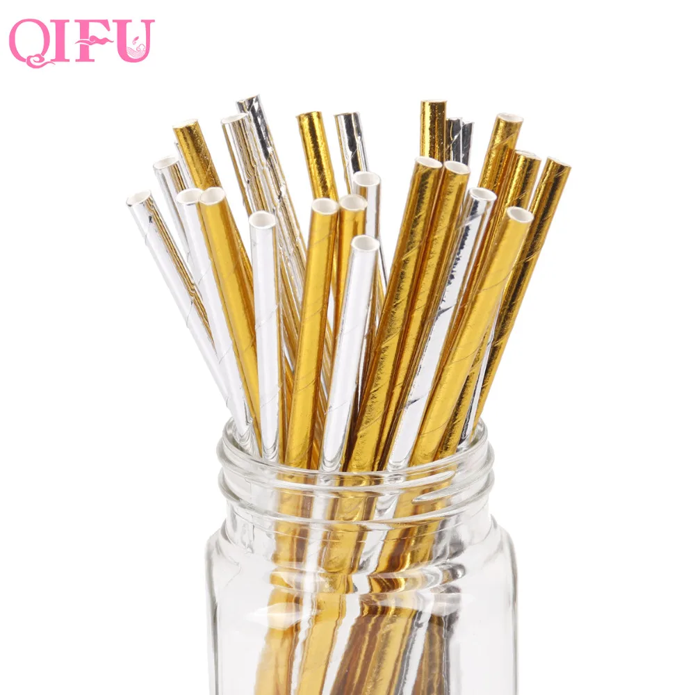 

QIFU 25pcs Metallic Gold Wave Star Paper Straws Silver Foil Stripe Drinking Straws Wedding Birthday Party Decoration Supplies
