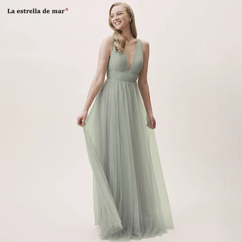 

Sage bridesmaid dresses new tulle sexy V neck A Line bohemian style wedding guest dress Floor-Length vestido madrinha