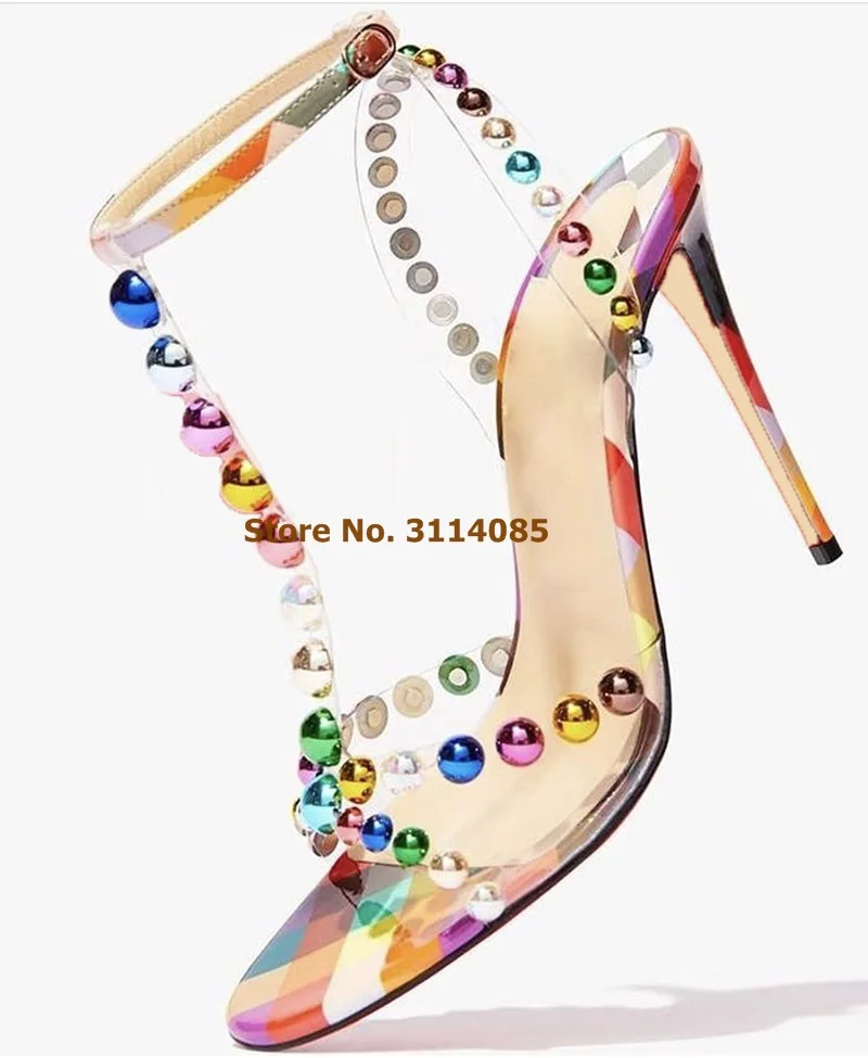 Новинка; женские Серебристые блестящие босоножки с бусинами; разноцветная обувь на тонком высоком каблуке из ПВХ с шипами; Т-образное Красочное платье туфли-лодочки для свадьбы
