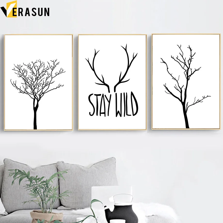 Arbol Blanco Negro Estancia Paisaje Salvaje Pared Arte Lienzo