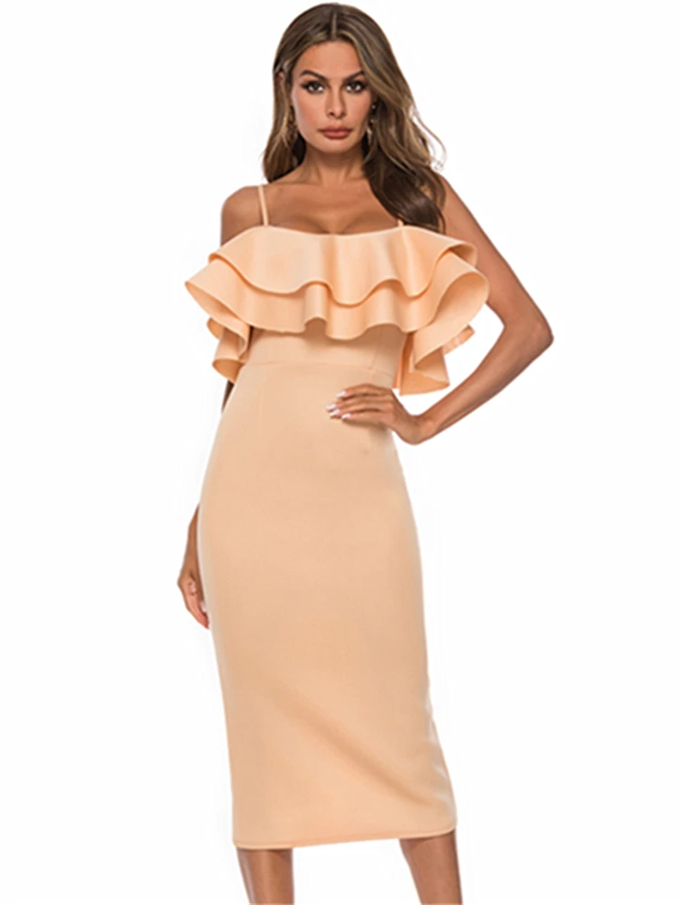 

Women Dress Pary Elegant Bodycon Spaghetti Strap Ruffles Off Shoulder Sexy Clubwear Dinner Date Out Evening Slim Tunic Wholesale