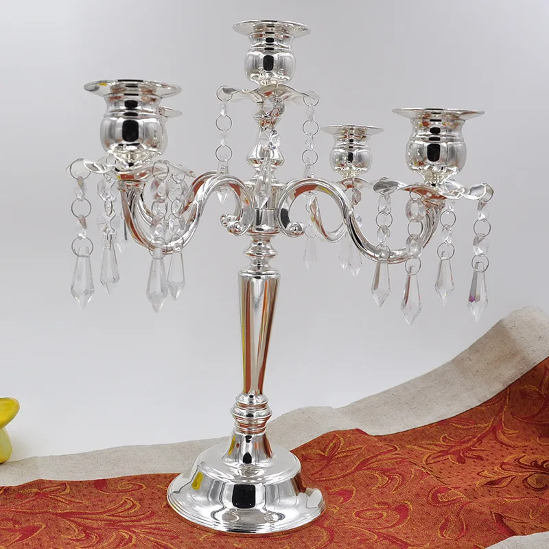10pcs 35cm Tall Silver plated metal candle holder 5 arms candle stand