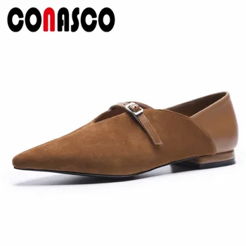 

CONASCO Retro Pointed Toe Flats Shoes Woman Elegant Buckles Four Season Wedding Party New Suede Leather Female Flats Shoes Woman