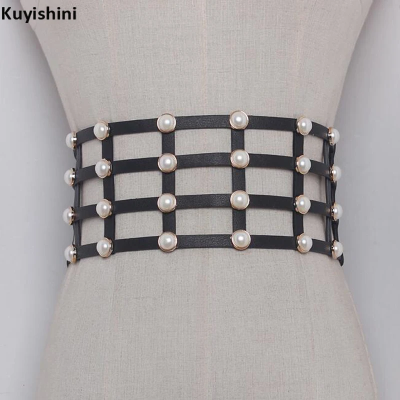 New Women Belts Stretch Elastic Wide Hollow Waist Belt Simulated Pearl