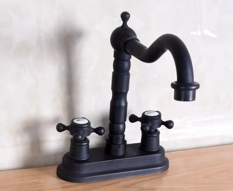 Hot Cold Handles Black Color Oil Rubbed Bronze Swivel Spout Kitchen Bar Sink Bathroom Two Holes Basin Faucet Mixer Tap anf150
