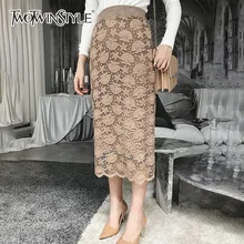 TWOTWINSTYLE, вязанные миди женские юбки, высокая талия, пэтчворк, кружевная черная прямая юбка, женская, осень, уличная мода