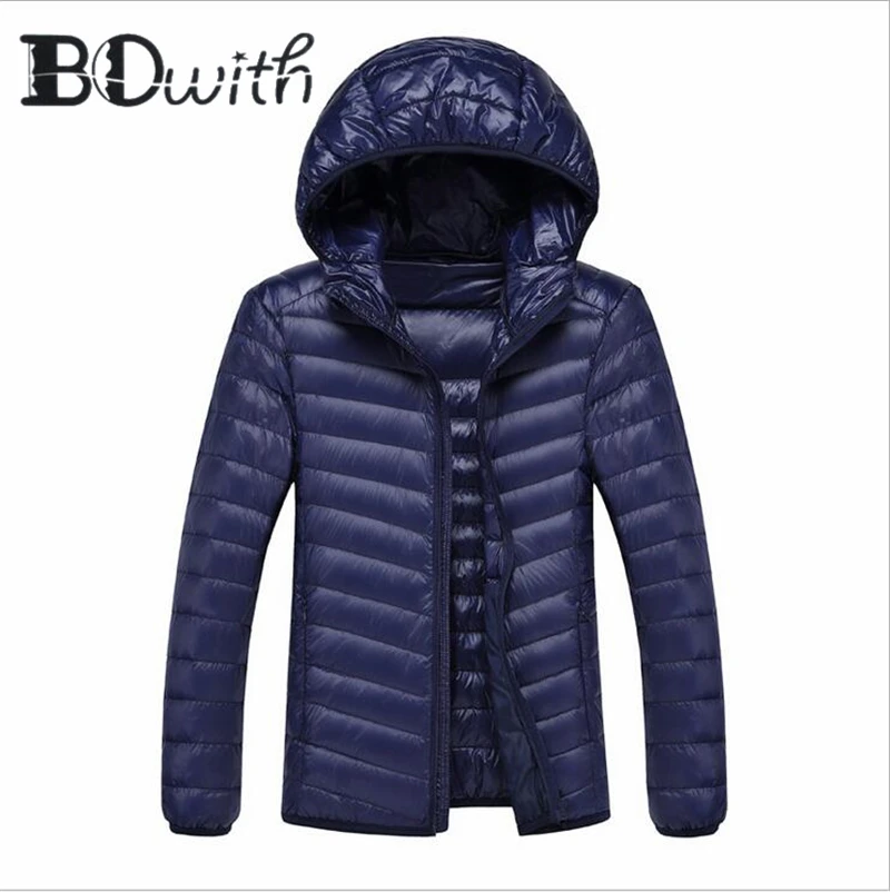 Зимнее теплое пальто для мужчин с капюшоном Сверхлегкий утиный пуховик теплая куртка с портативной упаковкой Толстовка темно-синее