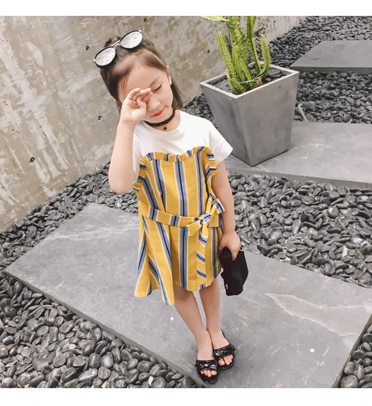 Princess dress Kids Baby Girls Summer Stitched striped bows Short sleeved dress sweet style children's clothing (5)