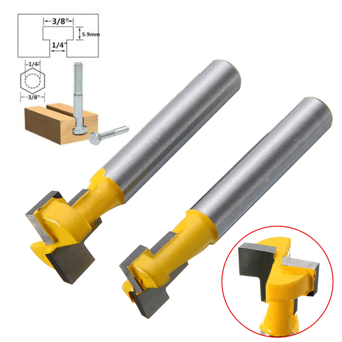 2pcs 1/4'' Shank T-Slot Handle Router Bits 3/8'' & 1/2'' Head Length Woodworking Milling Cutter