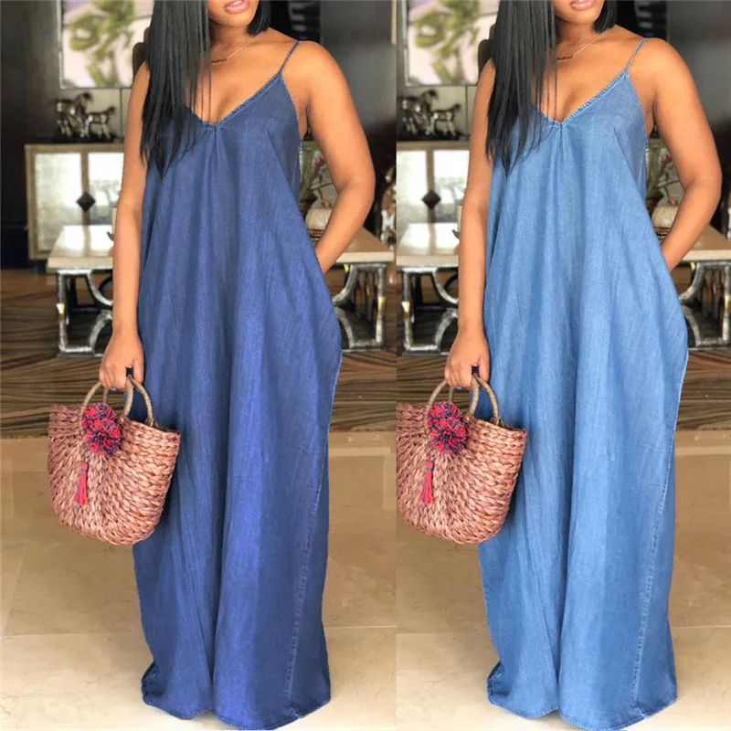 

Beach Long Dress Fashion Summer Women Solid V-Neck Sleeveless Backless Denim Dresses Woman Party Night Vestidos Dropship L#23