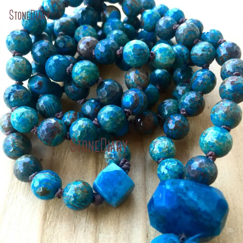 20180313-NM11103-Faceted Striated Jasper, Chrysocolla Mala Beads Protection Throat Chakra Yoga Jewelry Meditation Silk Sari Tassel Necklace_4