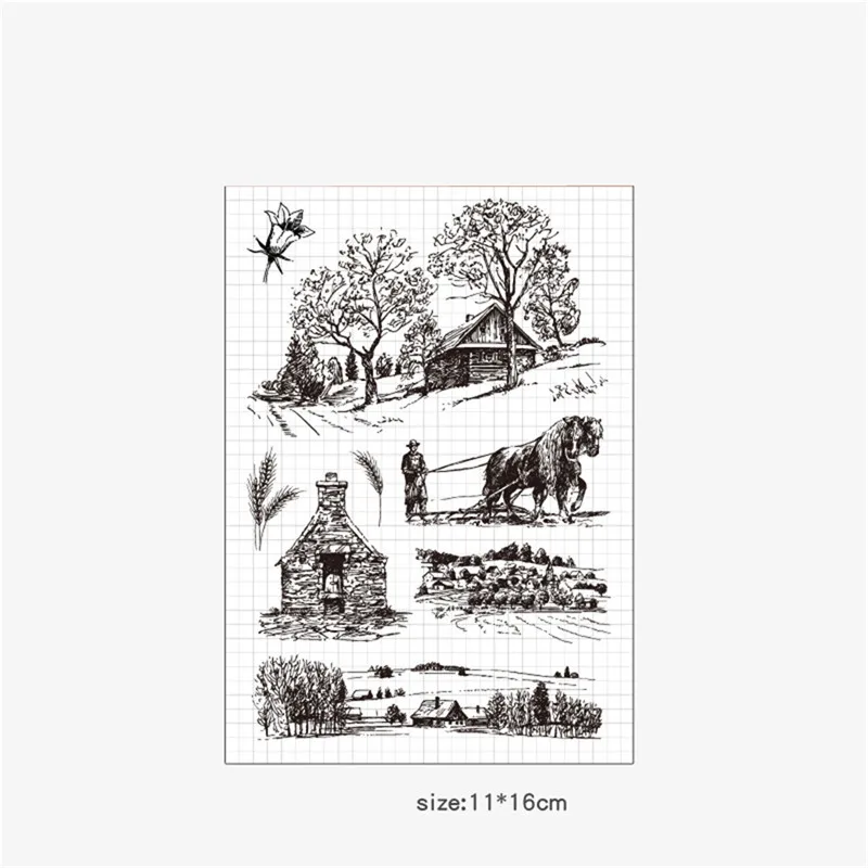 

Countryside Farm Scenery Landscape House Tree Rubber Clear Stamp/Seal Scrapbook/Photo Album Decorative Card Making Clear Stamps