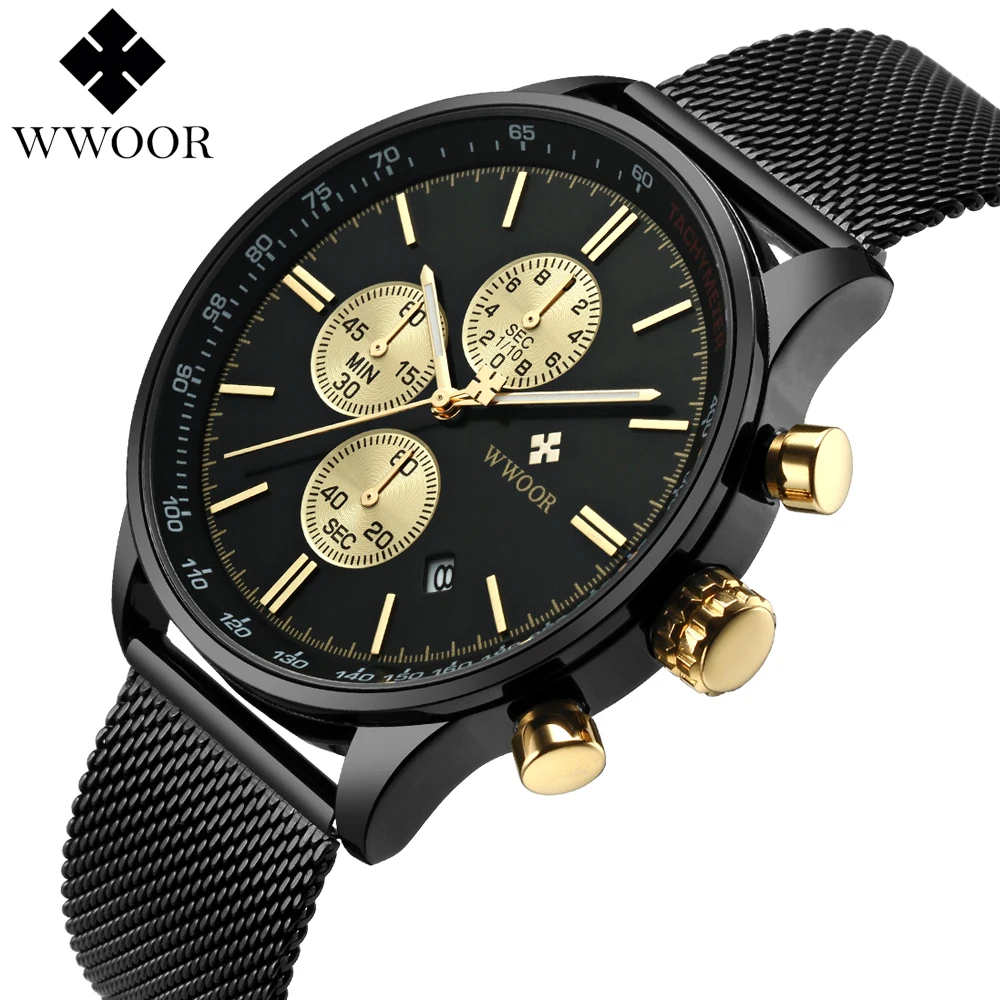 Achat WWOOR Marque De Luxe Montre hommes D affaires Occasionnels En Acier Inoxydable Maille bande Sport hommes Montre À Quartz Mode Mince Horloge Chronographe